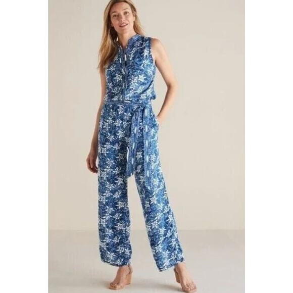 SOFT SURROUNDINGS Nahla Blue & White Print Sleeveless Jumpsuit Pockets Size 2X - Picture 1 of 11